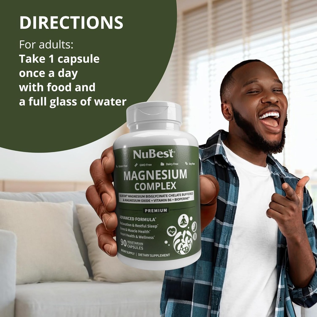 Magnesium Glycinate Chelate Complex with Albion Magnesium Bisglycinate Chelate, Vitamin B6 & BioPerine for Bone, Muscle, Natural Sleep, Nerve Function, Brain Booster | 1 Month Supply 4