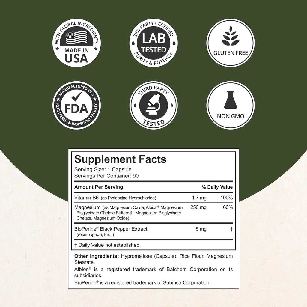 Magnesium Glycinate Chelate Complex with Albion Magnesium Bisglycinate Chelate, Vitamin B6 & BioPerine for Bone, Muscle, Natural Sleep, Nerve Function, Brain Booster | 1 Month Supply 5