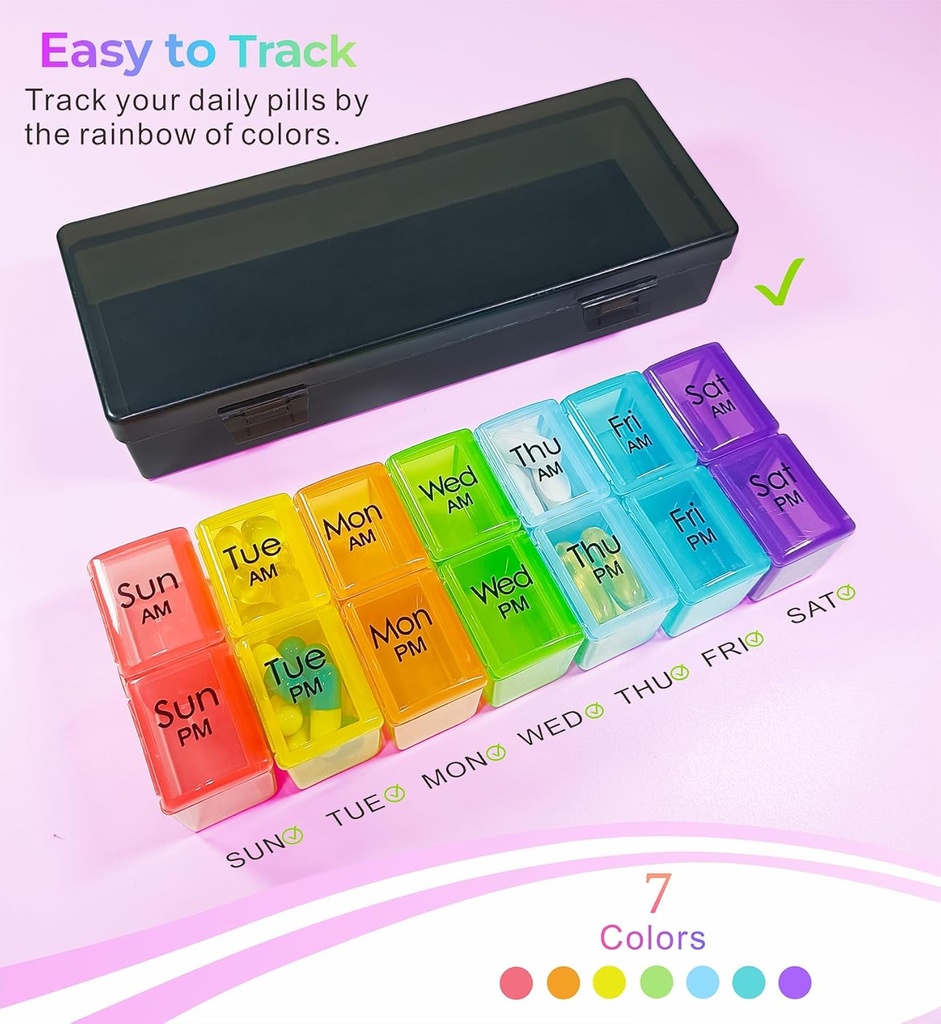 Weekly Pill Organizer 2 Times a Day-Am Pm Pill Organizer 7 Day, Pill Cases Organizers 7 Day with Separate Container, Case for Fish Oils, Vitamin, Supplements 3