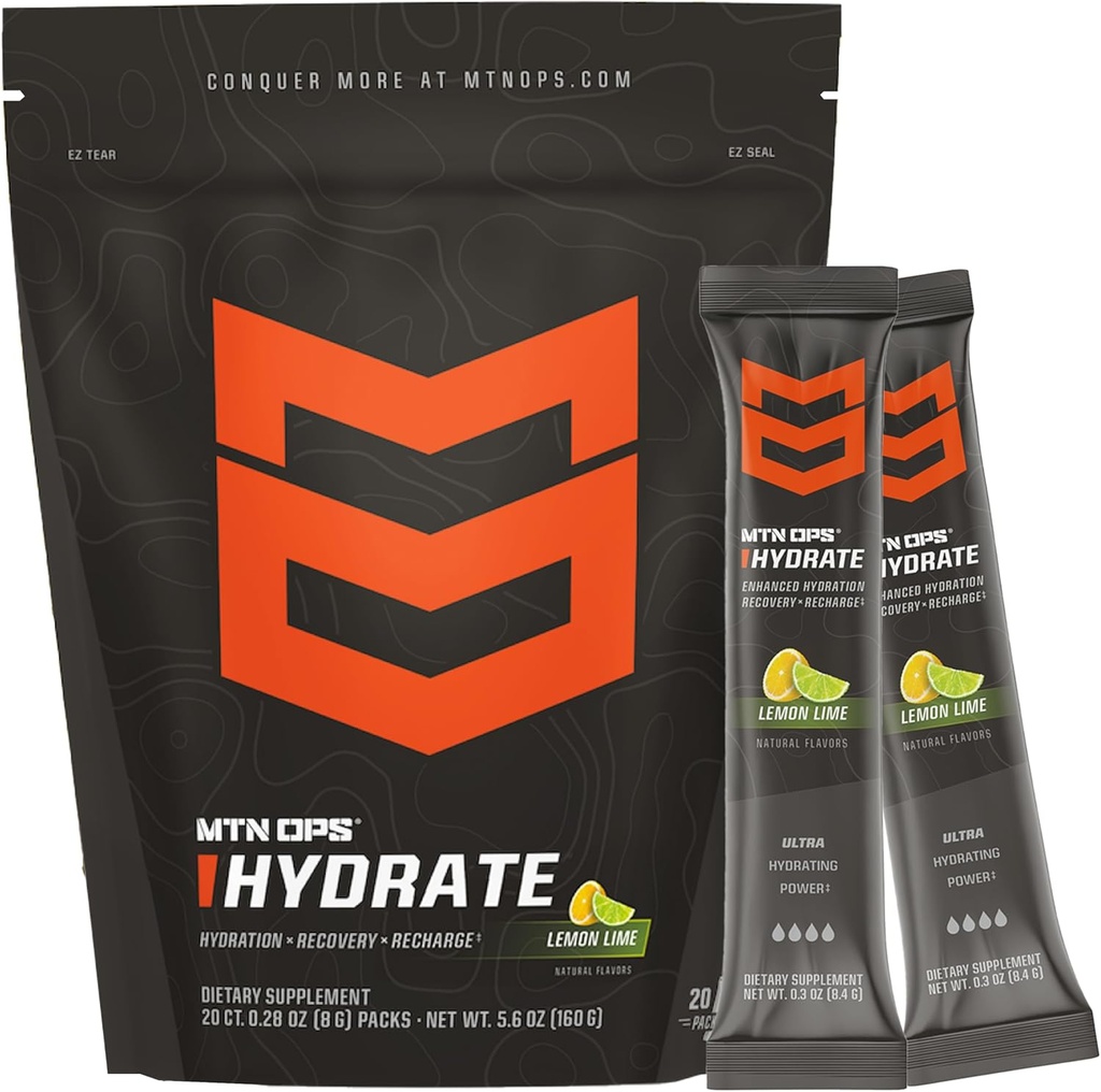 MTN OPS Hydrate Electrolytes Powder Drink Mix, 20 Single Serving On-The-Go Electrolyte Packs with Over 1000mg of Electrolytes per Serving, Lemon Lime 2