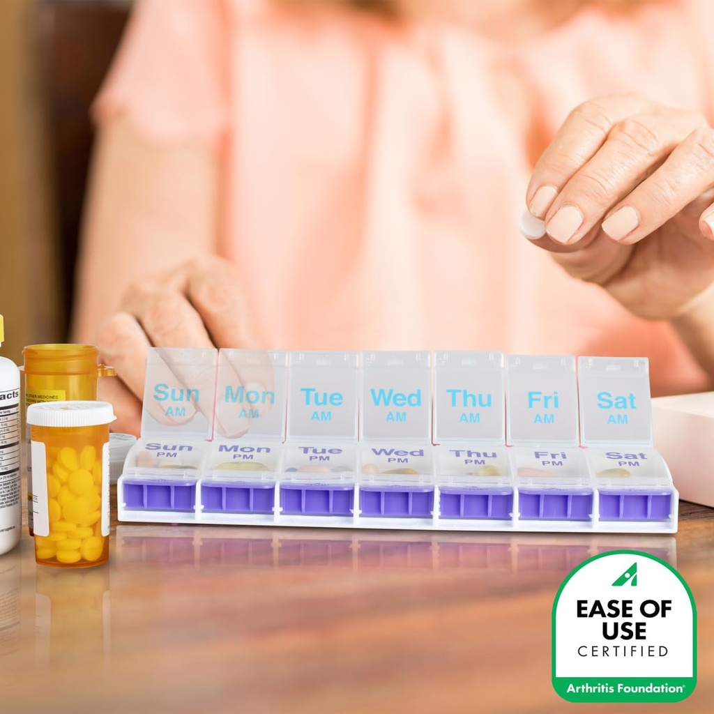 EZY DOSE Push Button (7-Day) Pill Case, Medicine Planner, Daily Vitamin Organizer, 2 Times a Day AM/PM, X-Large Compartments, Arthritis Friendly, Easy to use, Clear Lids, Purple and Blue, BPA Free 6