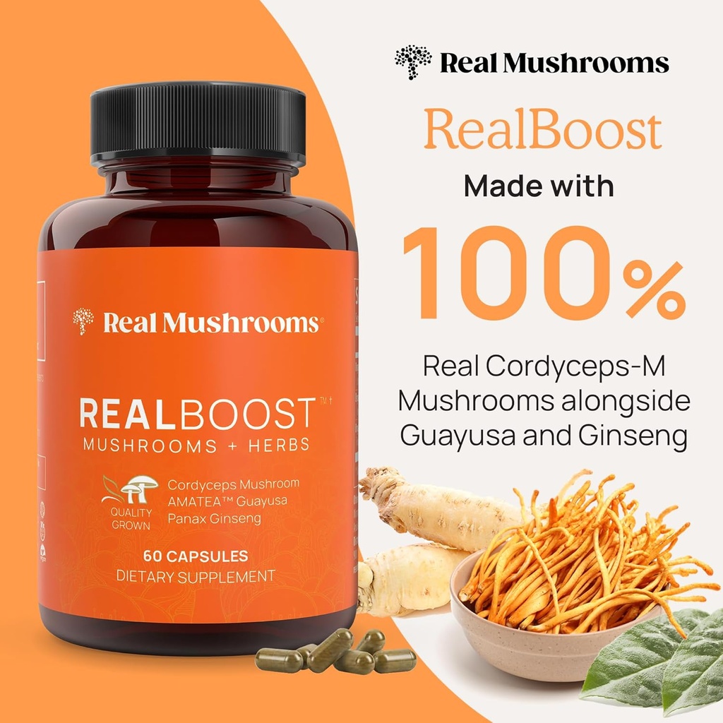 Real Mushrooms RealBoost Capsules – Cordyceps Mushroom, Panax Ginseng & Guayusa Extract – for Overall Wellness & Energy Support – Vegan, Non-GMO, No Fillers – 60 Count Mushroom Supplement Blend 4