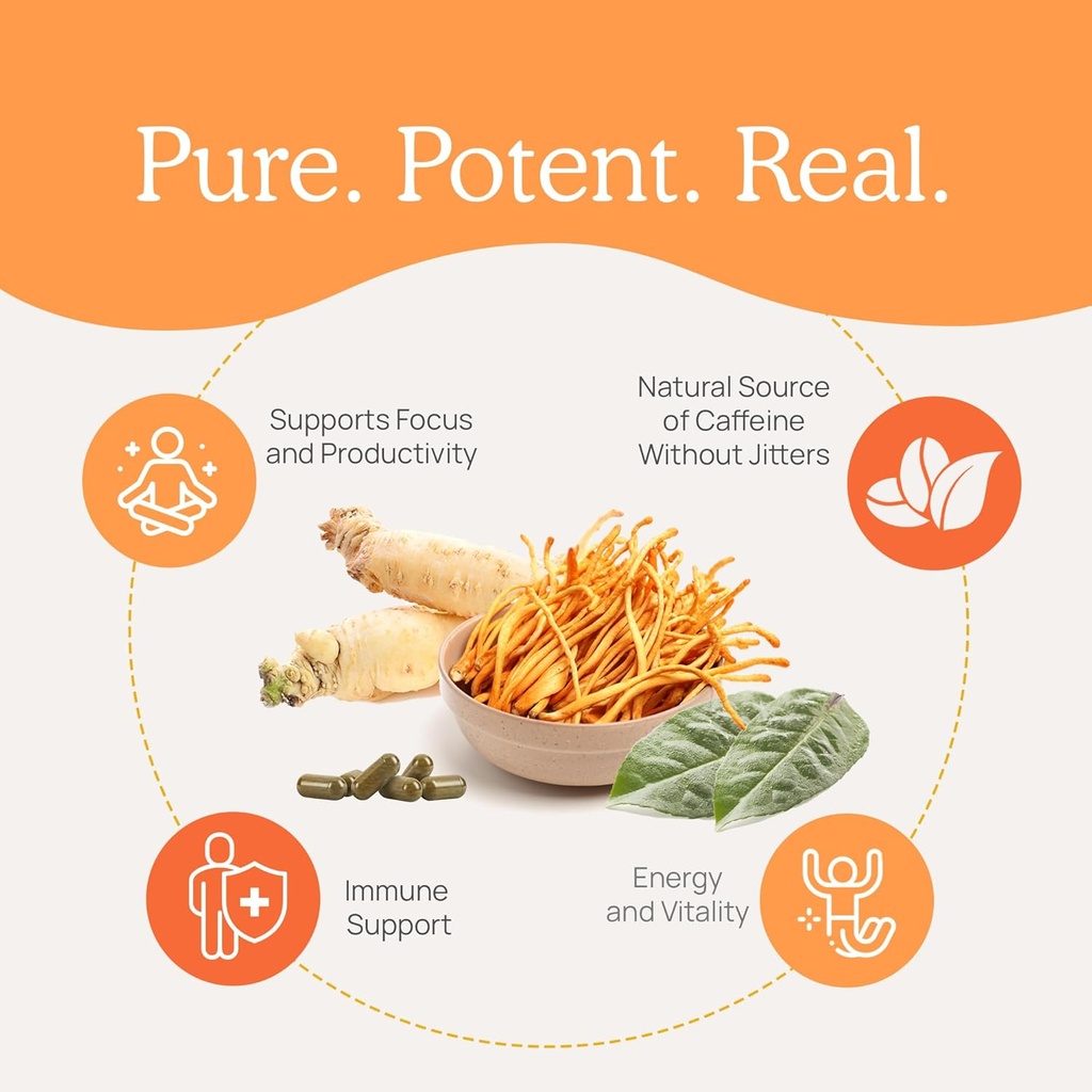 Real Mushrooms RealBoost Capsules – Cordyceps Mushroom, Panax Ginseng & Guayusa Extract – for Overall Wellness & Energy Support – Vegan, Non-GMO, No Fillers – 60 Count Mushroom Supplement Blend 6