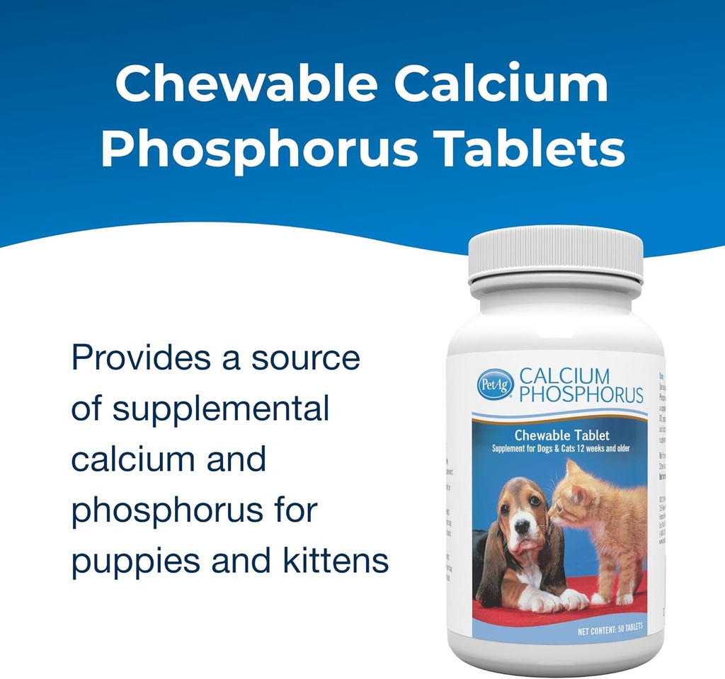 PetAg Calcium Phosphorus Tablets - 50 Tablets - Daily-Use, Chewable Supplement for Dogs & Cats 12 Weeks and Older - Fortified with Vitamin D 3