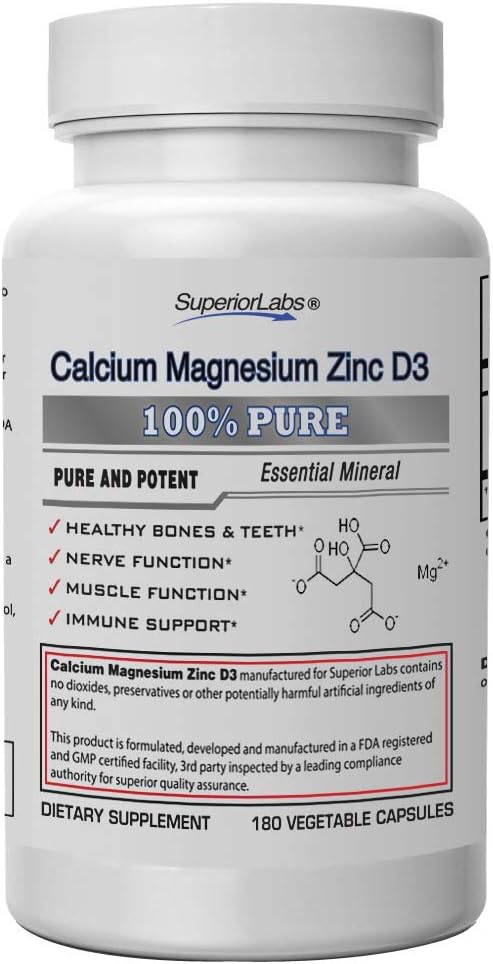 Superior Labs - Calcium Magnesium Zinc D3 - Essential Mineral Trio - 180 Vegetable Capsules - Healthy Bones & Teeth - Nerve Signaling - Muscle Function - Immune Support 2