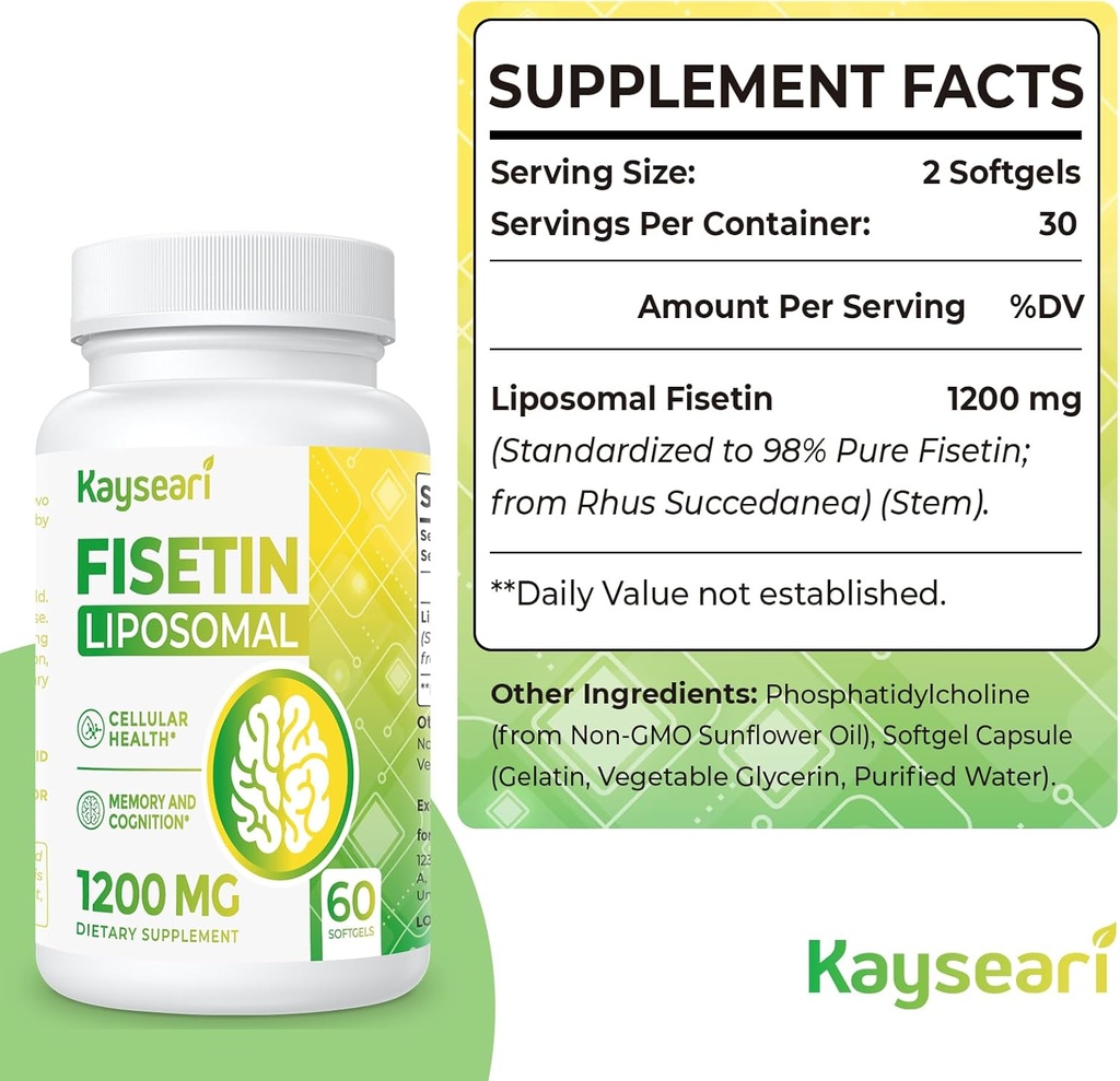 Fisetin 1200mg Liposomal Fisetin Supplements 98% Pure Fisetin Polyphenols Antioxidants Immunity Health Aging Cognitive Support Non-GMO 60 Capsules 3