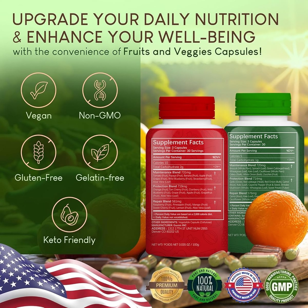 Fruits and Veggies Supplement - 90 Fruit and 90 Veggie Capsules - Supports Energy Levels, High Lycopene, Vitamins & Minerals - 90 Count (Pack of 2) 3