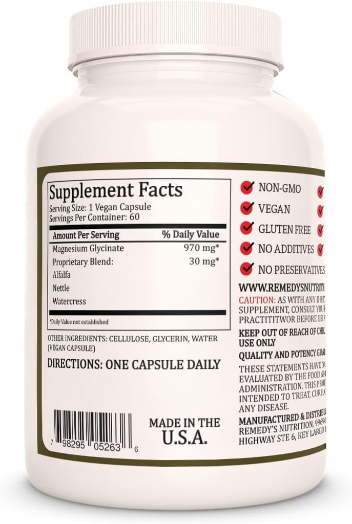 Remedy's nutrition Magnesium Glycinate | 1,000 mg, 60 Vegan Capsules Dietary Supplement | Two Month Supply | Also Contains Alfalfa Leaf, Watercress & Nettle Leaf 3