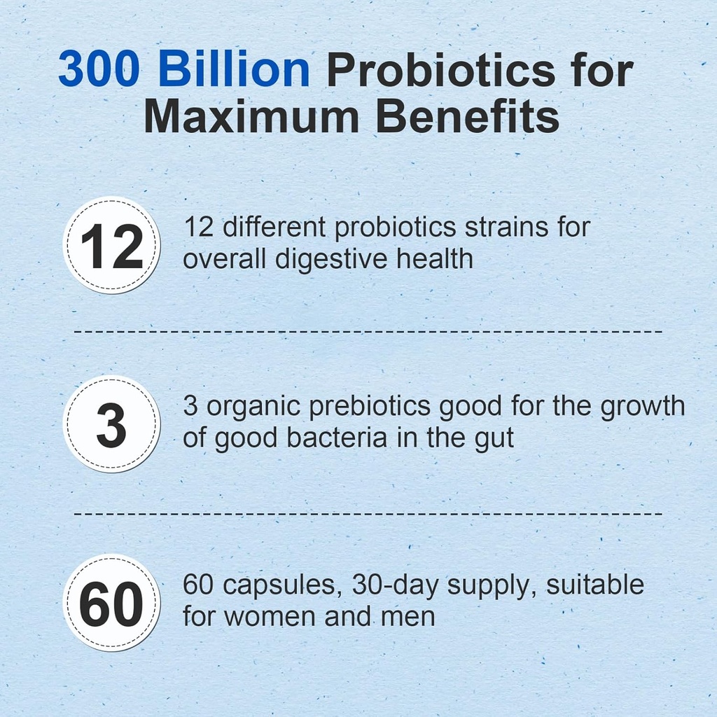 Probiotic 300 Billion CFU - 12 Strains with Organic Prebiotics for Digestive & Gut, Immune, Bloating Health - Probiotics for Women and Men - Daily Dairy Free, Shelf Stable - 60 Counts 5