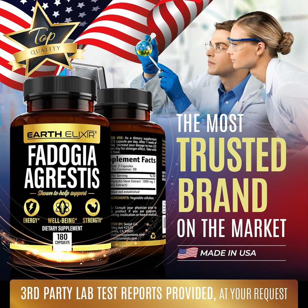 Earth Elixir Fadogia Agrestis Supplement 900mg (180 Capsules) - Made in USA - 3 Month Supply - 3rd Party Tested - Fadogia Agrestis Extract -Max Purity – 100% Pure – Fadogia Agrestis Capsules 6