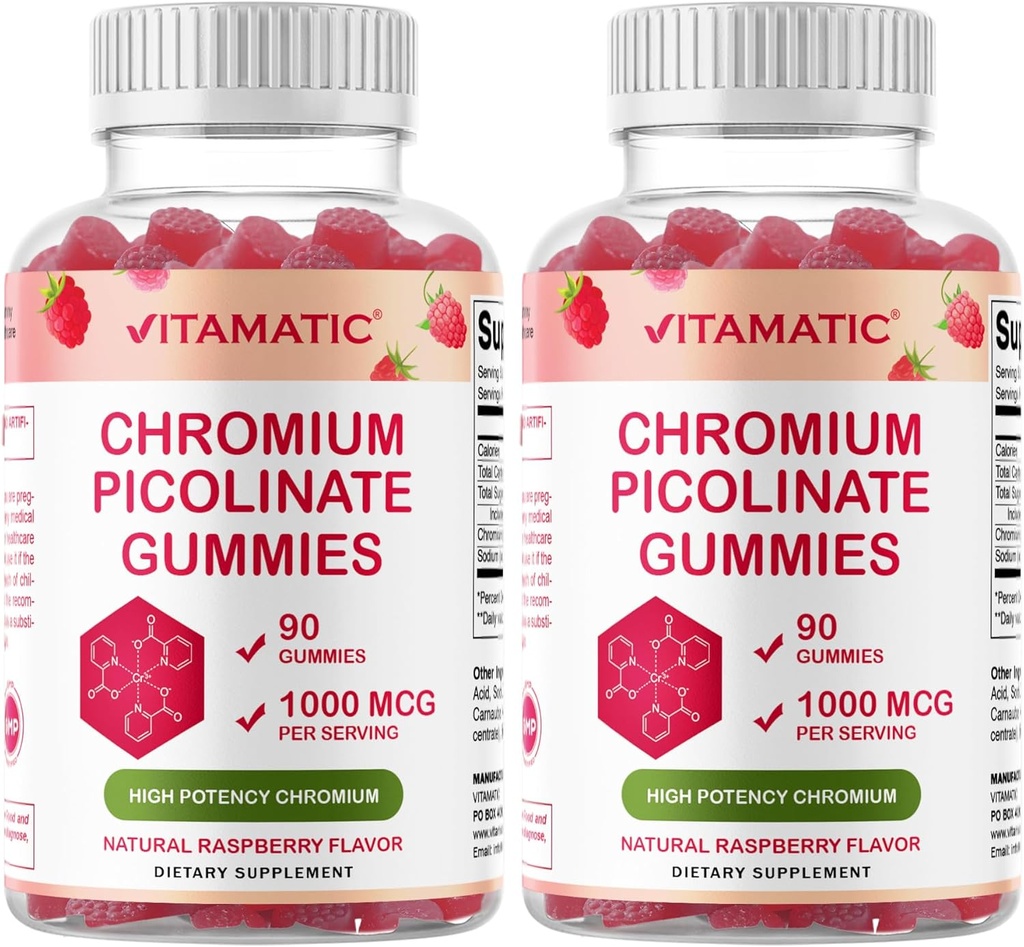 Vitamatic Chromium Picolinate 1000 mcg - 90 Gummies - High Potency Chromium - Raspberry Flavor (Total 180 Gummies) 2 Packs 2