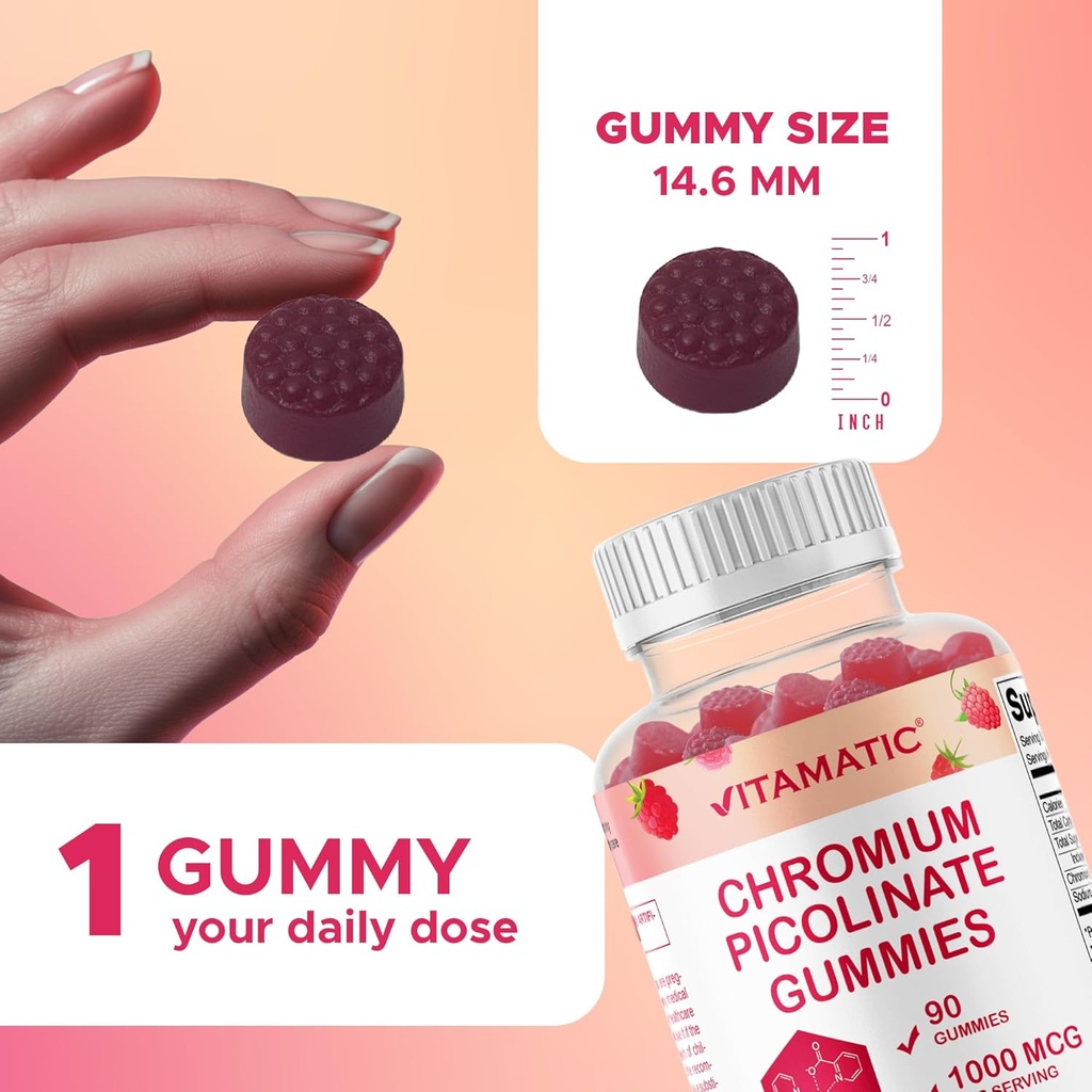 Vitamatic Chromium Picolinate 1000 mcg - 90 Gummies - High Potency Chromium - Raspberry Flavor (Total 180 Gummies) 2 Packs 4