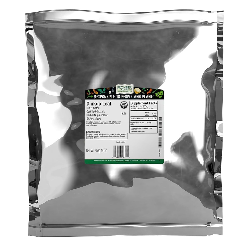 Frontier Co-op Organic Ginkgo Leaf, 1lb Bulk Bag, Cut and Sifted | Dried Ginkgo Biloba Leaf | Ideal for Tea and Herbal Uses, Kosher 2