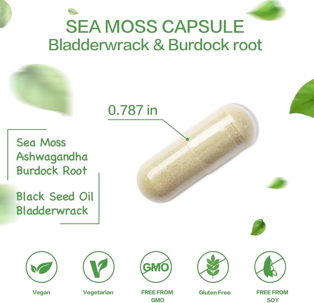 Organic Sea Moss Capsules with Bladderwrack,Burdock Root and Black Pepper Extract-Irish SeaMoss Pills 2000mg-Promotes Immune System,Thyroid Support(120 Capsules) 3