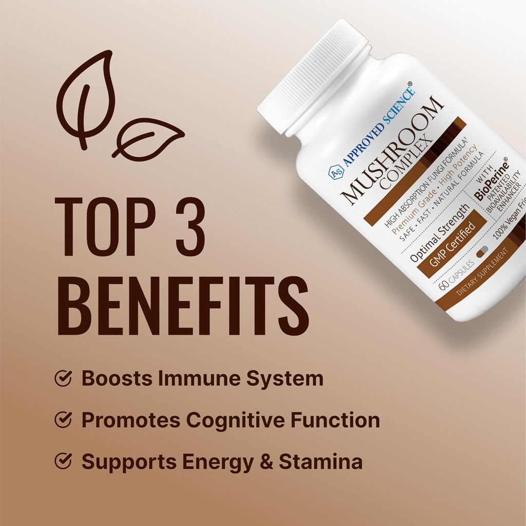 Approved Science Mushroom Complex - Support The Immune System and Cognitive Function - with Lion’s Mane, Chaga, Reishi, Turkey Tail, Shiitake, Oyster, and More - 60 Capsules - Vegan 4