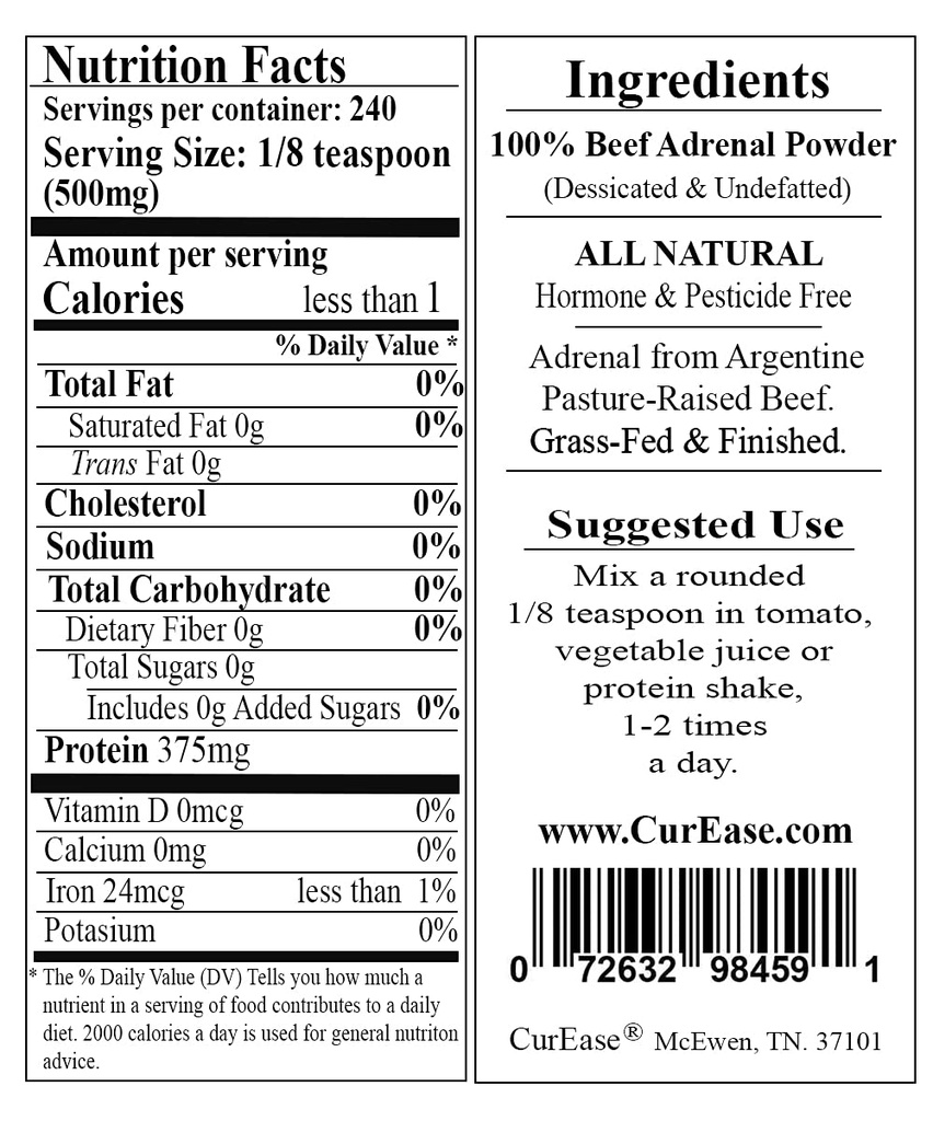 Argentine Beef Adrenal Powder Grass Fed & Finished 4.2 Ounce 4