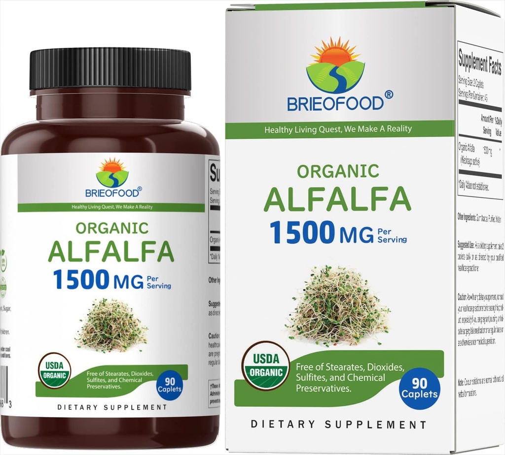 Brieofood Organic Alfalfa 1500mg, 45 Servings, Vegetarian, Gluten Free, 90 Vegetarian Tablets 2