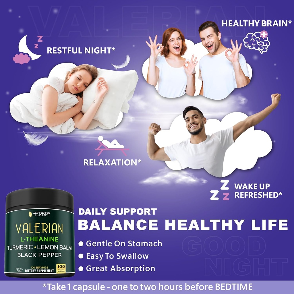 5in1 Valerian Root Capsules Plus L-Theanine, Lemon Balm, Turmeric and Black Pepper for Relaxation, Restful Night, Digestion & Immune Support - 100 Count 4
