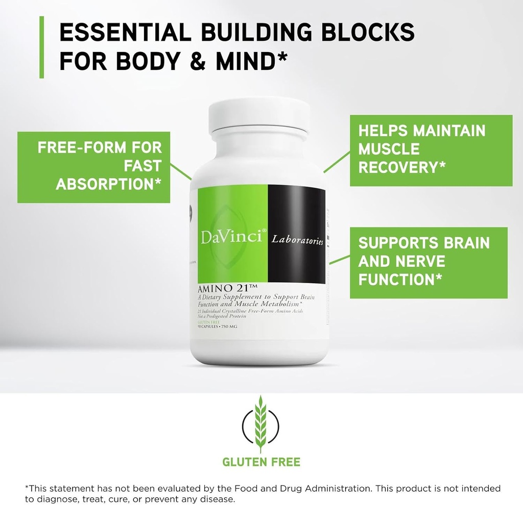 DAVINCI Labs Amino 21 - Supports Brain Function & Muscle Metabolism* - Amino Acid Dietary Supplement with L-Glutamine, L-Lysine HCl, Tyrosine, L-Arginine and More - Gluten-Free - 90 Capsules, 750 mg 4