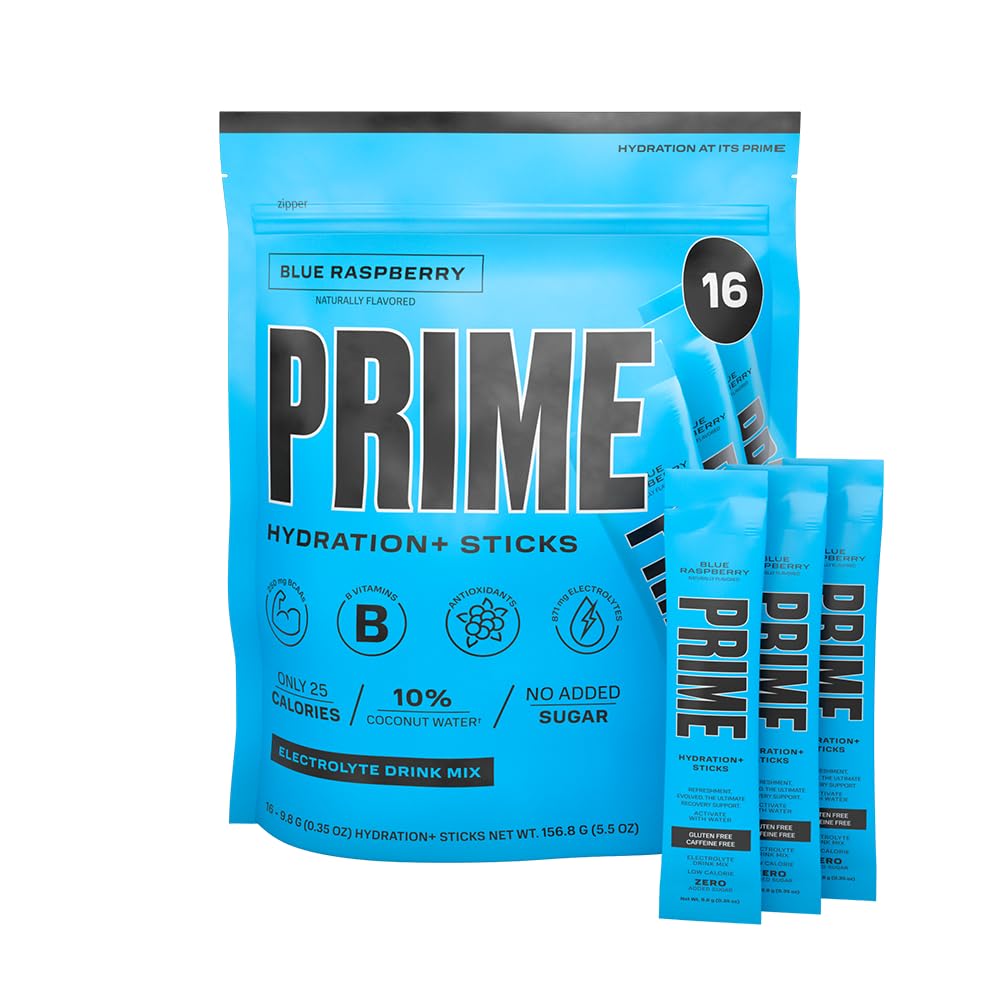 PRIME HYDRATION+ Sticks Blue Raspberry | Hydration Powder Single Serve Sticks | Electrolyte Powder On The Go | 250mg BCAAs, B Vitamins, Antioxidants | Low Sugar | Caffeine-Free | Vegan | 16 Sticks 2
