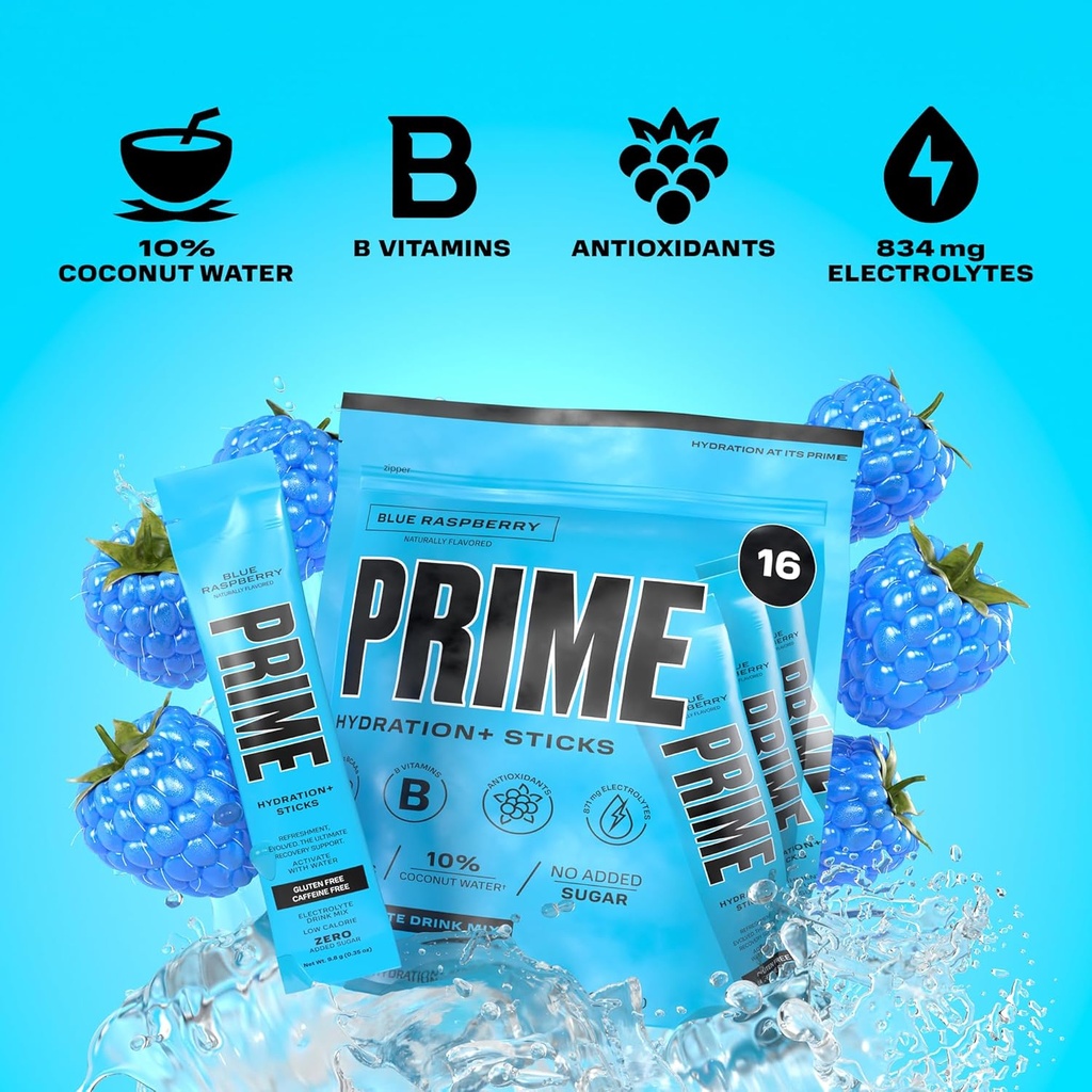 PRIME HYDRATION+ Sticks Blue Raspberry | Hydration Powder Single Serve Sticks | Electrolyte Powder On The Go | 250mg BCAAs, B Vitamins, Antioxidants | Low Sugar | Caffeine-Free | Vegan | 16 Sticks 6