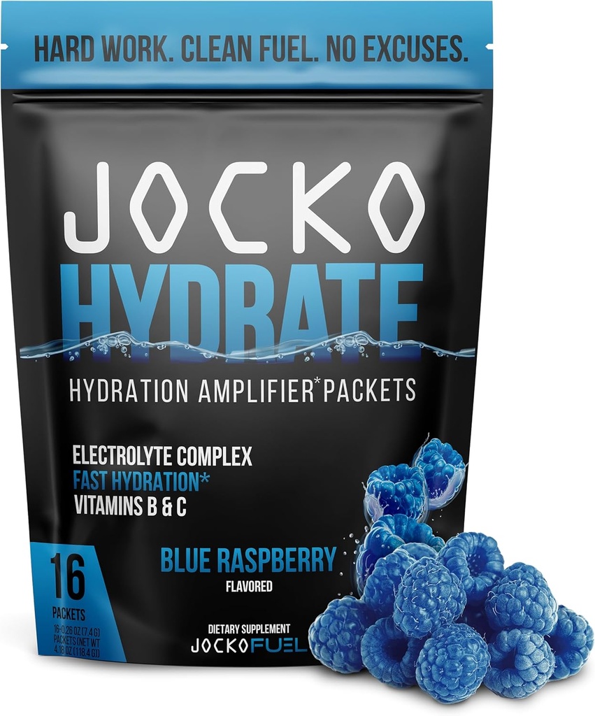 Jocko Fuel Hydrate Electrolytes Powder Packets Low Sugar - Hydration Amplifier Packets for Recovery, Dehydration, & Exercise - with Vitamins B6, B12 & C (16 Packets) Blue Raspberry 2