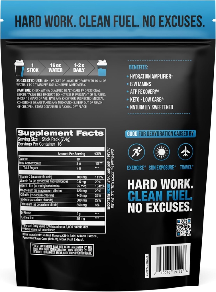 Jocko Fuel Hydrate Electrolytes Powder Packets Low Sugar - Hydration Amplifier Packets for Recovery, Dehydration, & Exercise - with Vitamins B6, B12 & C (16 Packets) Blue Raspberry 3