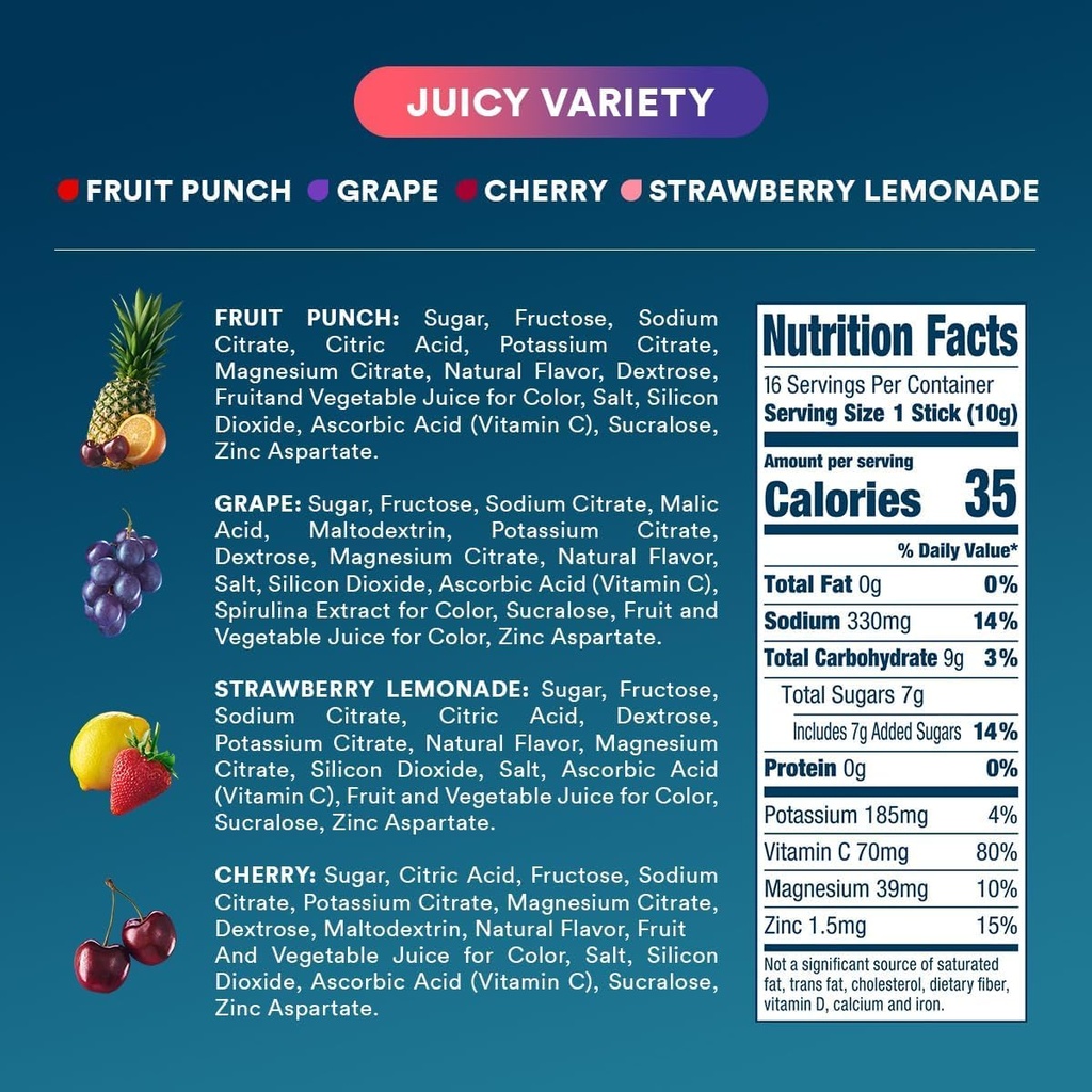 DripDrop Hydration Packets - Juicy Variety Pack - Single Serve Electrolytes Powder Drink Mix - Grape, Fruit Punch, Strawberry Lemonade, Cherry - Non-GMO, Gluten Free, Vegan - 16 Sticks 5