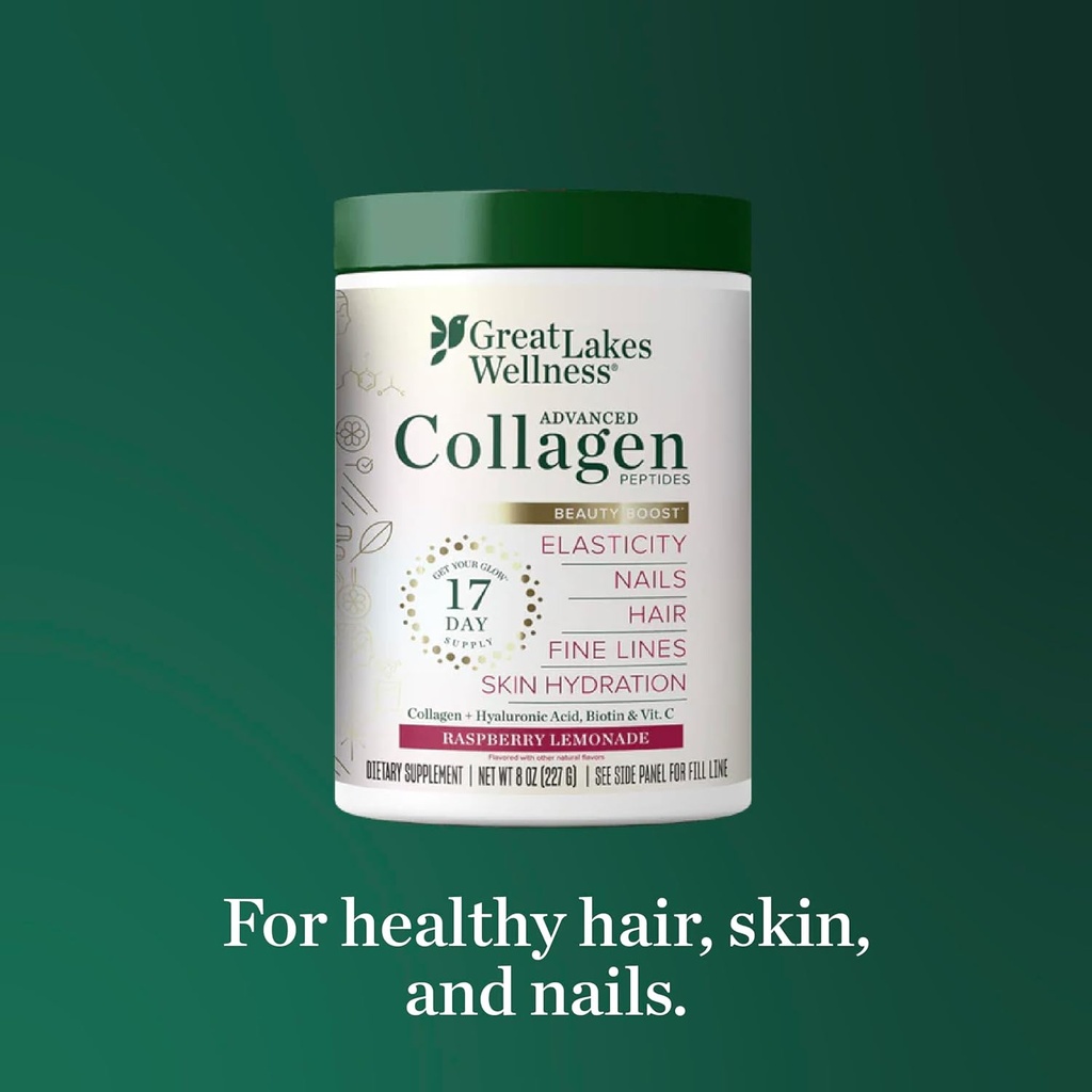 Great Lakes Wellness Beauty Boost Advanced Collagen Peptides Powder with Hyaluronic Acid, Biotin, Vitamin C - Skin Elasticity and Hydration - Raspberry Lemonade Flavor - Non-GMO, Keto, Kosher - 8 oz 6