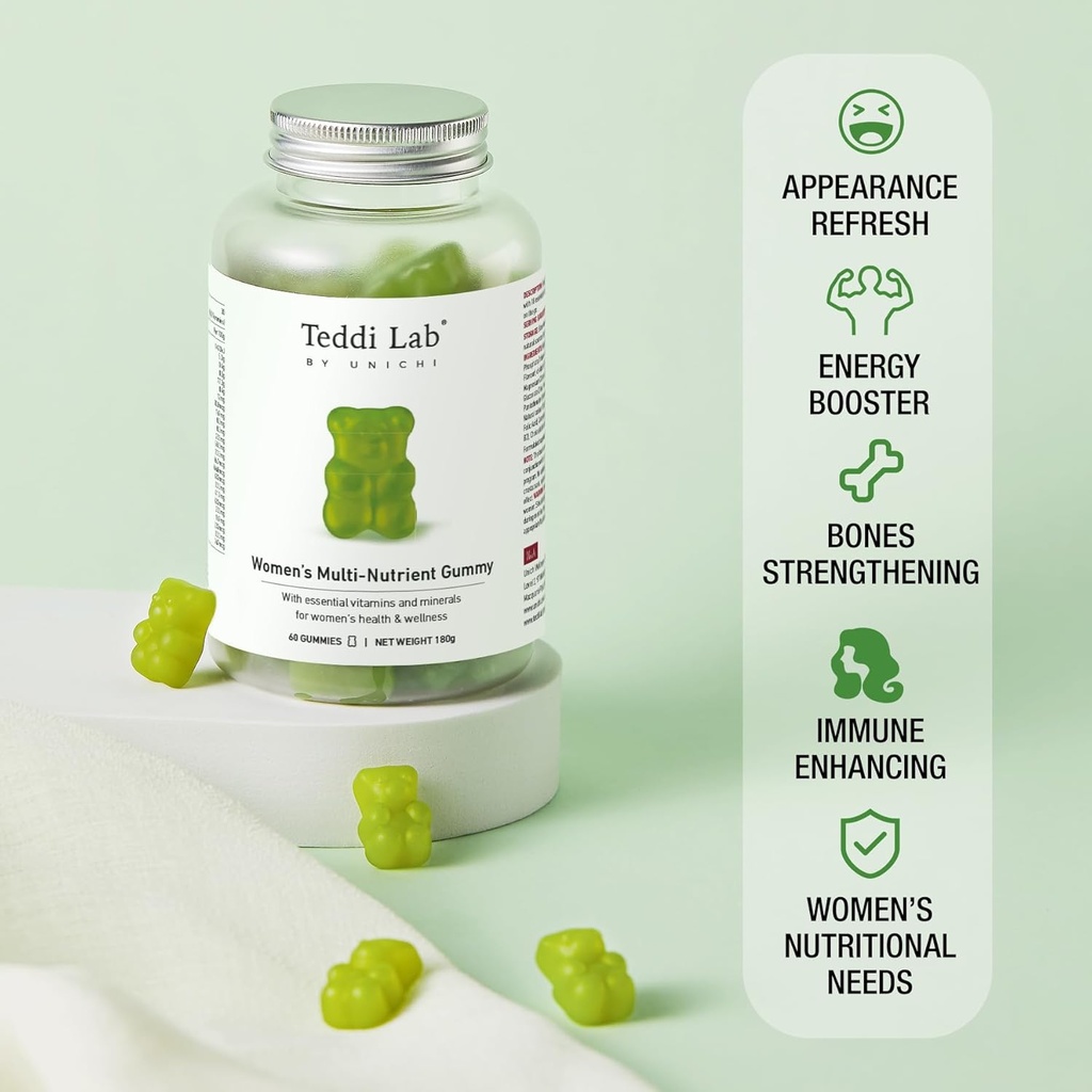 Unichi Women’s Multi-Nutrient Gummy, 18 Essential Vitamins & Minerals Specially Designed for Women, Non-GMO, Lime Flavour, 60 Count 5