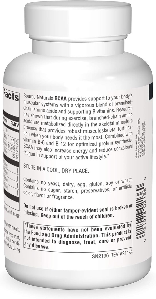 Source Naturals BCAA Branched-Chain Amino Acids with L-Glutamine, Zinc, B-6 and B-12, Provides Supports The Body’s Muscular Systems* - 120 Capsules 3