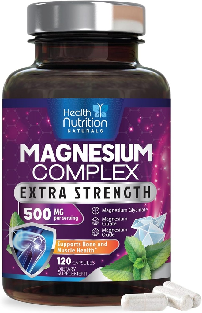 Magnesium Complex Capsules 500 mg with Oxide, Glycinate, Malate, Citrate - High Absorption Complex Chelated Magnesium Mineral Supplements - for Muscle, Bone and Heart Health Support - 120 Capsules 2