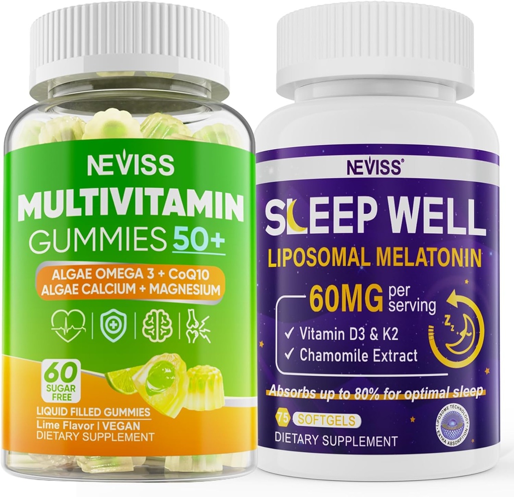 NEVISS Women & Men's 50+ Multivitamin Gummy and Melatonin 60mg Bundle 2