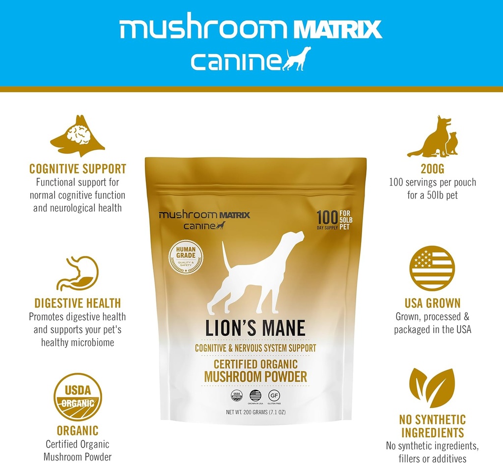 Om Mushroom Matrix Lion’s Mane Mushroom Powder Pet Supplement, Provides Cognitive Support & Holistic Digestive Support for Dogs & Cats, 200 Grams, 7.1 oz 4