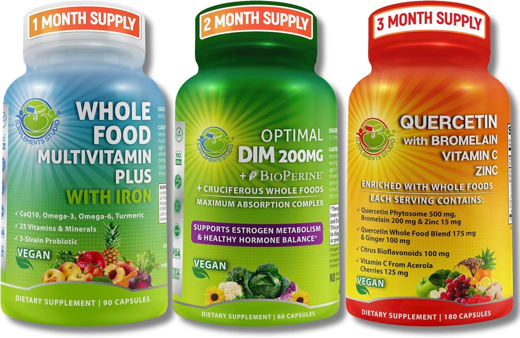 Daily Hormonal & Immune Support Bundle for Women & Men - DIM 200mg for Hormonal Balance + Quercetin 500mg with Bromelain & Zinc + Whole Food Multivitamin with Iron – Vegan, Non-GMO Wellness Support 2