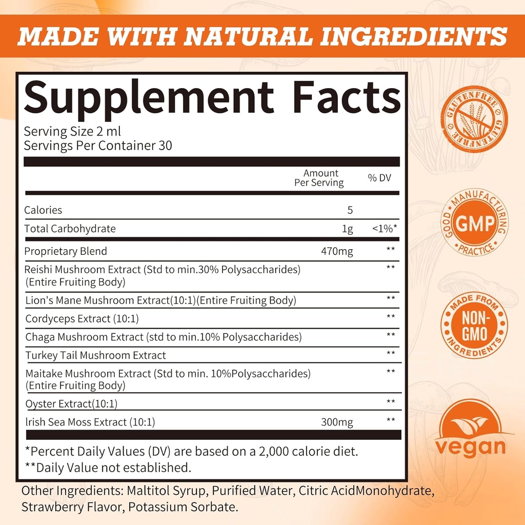 Sea Moss & Mushrooms Liquid Drops, Lions Mane Supplement with Irish Sea Moss & Cordyceps etc, Support for Memory, Focus & Clarify, Immune and Digestive Health, Non-GMO, Strawberry Flavor, 2 FL OZ 3