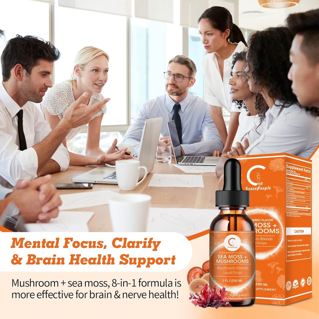 Sea Moss & Mushrooms Liquid Drops, Lions Mane Supplement with Irish Sea Moss & Cordyceps etc, Support for Memory, Focus & Clarify, Immune and Digestive Health, Non-GMO, Strawberry Flavor, 2 FL OZ 5