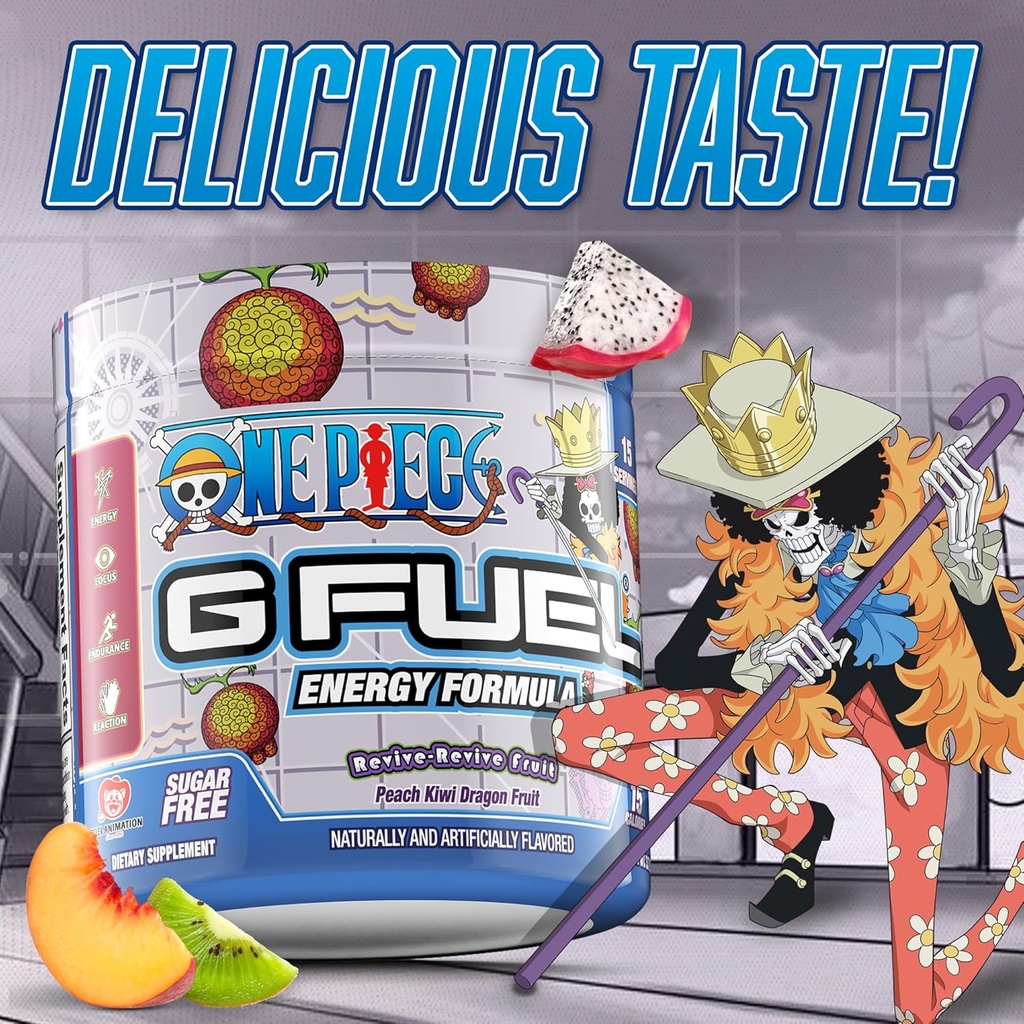 G Fuel ONE Piece Revive-Revive Energy Drink Powder, Pre Workout Caffeine Mix for Gaming, Sugar Free Focus Amino + Antioxidants, 3.7oz (Peach Kiwi Dragon Fruit, 15 Servings) 5