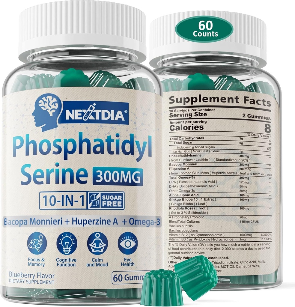 Phosphatidylserine - Nootropic Brian Supplement, Focus & Energy Gummies + Bacopa Monnieri, Omega 3, Huperzine A, Methyl B12 & B6 for Seniors, Gamers, Workers, Non-GMO, Caffeine-Free, Sugar Free,60 Cts 2