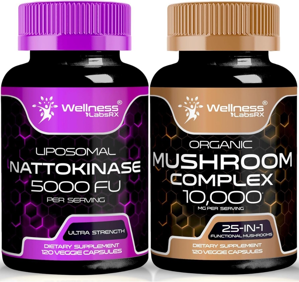 Nattokinase Supplement Capsules - 5000 FU - Enzymes from Pure Japanese Natto Extract | Organic Mushroom Supplement Capsules - 10000mg - 25 in 1 Mushroom Complex Capsules 2