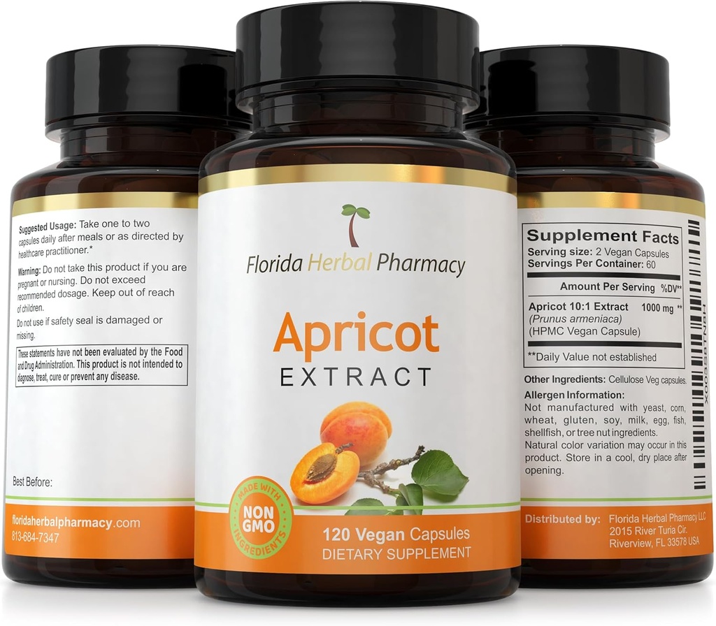 Florida Herbal Pharmacy, Apricot Supplement Capsules 10:1 (360 Capsules) 500 mg per Capsule, 1000 mg Serving (Pack of 3) 5