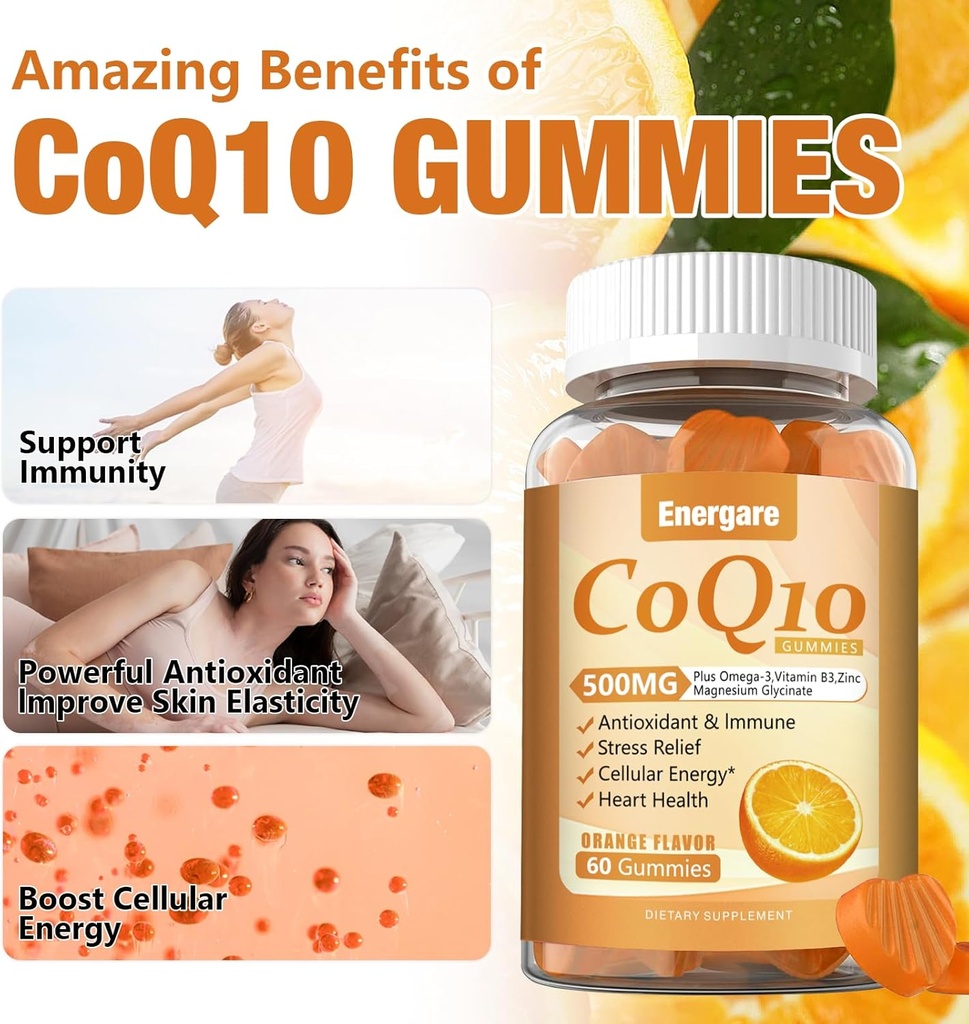 2 Packs CoQ10 500MG Gummies - 3X Better Absorption Coenzyme Q10 Supplements - Plus Omega-3, Magnesium, Vitamin B3 & Zinc for Heart Health, Cellular Energy & Antioxidant, 120 Cts 6