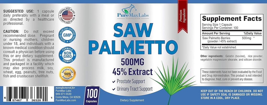 Extra Strength Saw Palmetto - 45% Extract Prostate Supplement, Decrease Frequent Urination, DHT Blocker for Hair Growth, Non-GMO, 100 Capsules 6