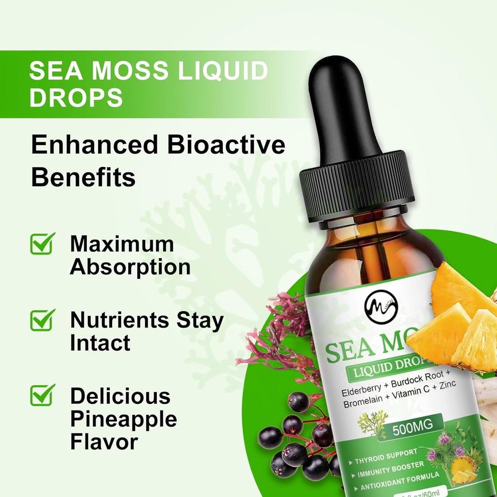 Sea Moss Liquid Drops - Irish Sea Moss 2000mg with Elderberry, Burdock Root, Bromelain, Vitamin C and Zinc - 98 Essential Minerals Seamoss Supplement for Immune, Joint, Digestion, Aging Support - 2oz 3
