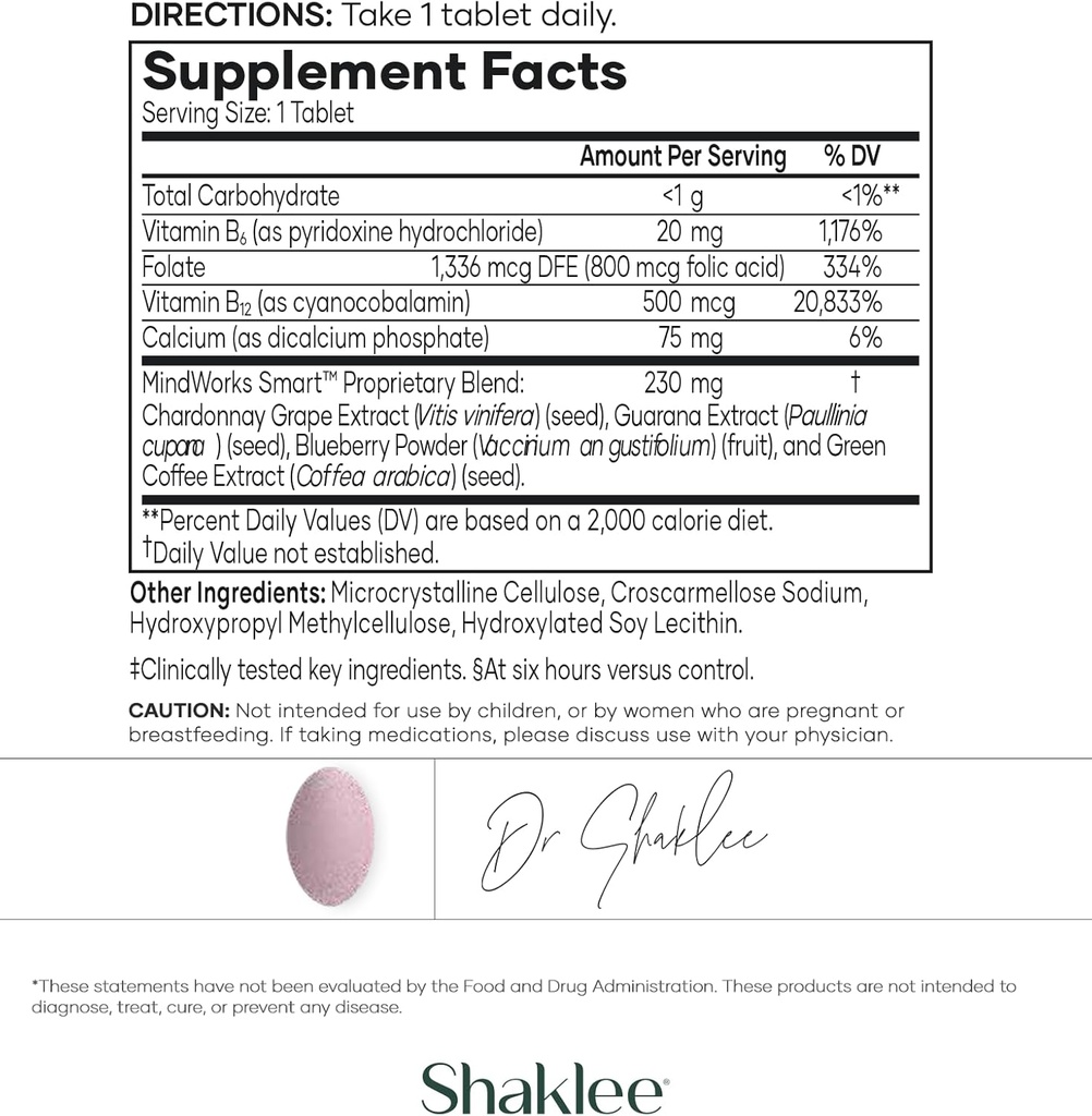 Shaklee MindWorks® - Brain Health Supplement for Brain Sharpness & Focus - Supported Nutrients & Extracts - Chardonnay Grape Seed Polyphenols, Guarana Extract, Vitamins B6, B12, Folate - 30 Tablets 4