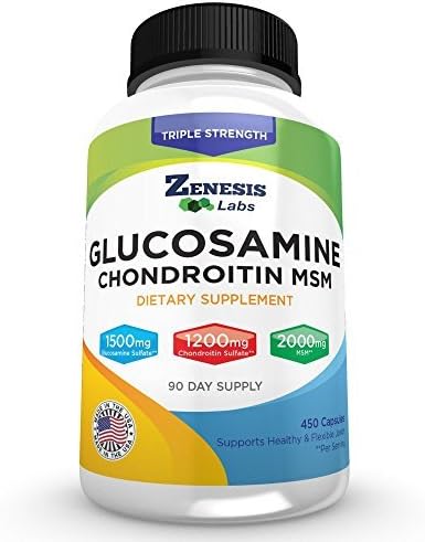 Zenesis Labs Glucosamine Sulfate + Chondroitin + MSM Combination Joint & Cartilage Supplement 450 Capsules (Bulk 90 Day Supply) 1500mg, 1200mg, 2000mg per Serving 2