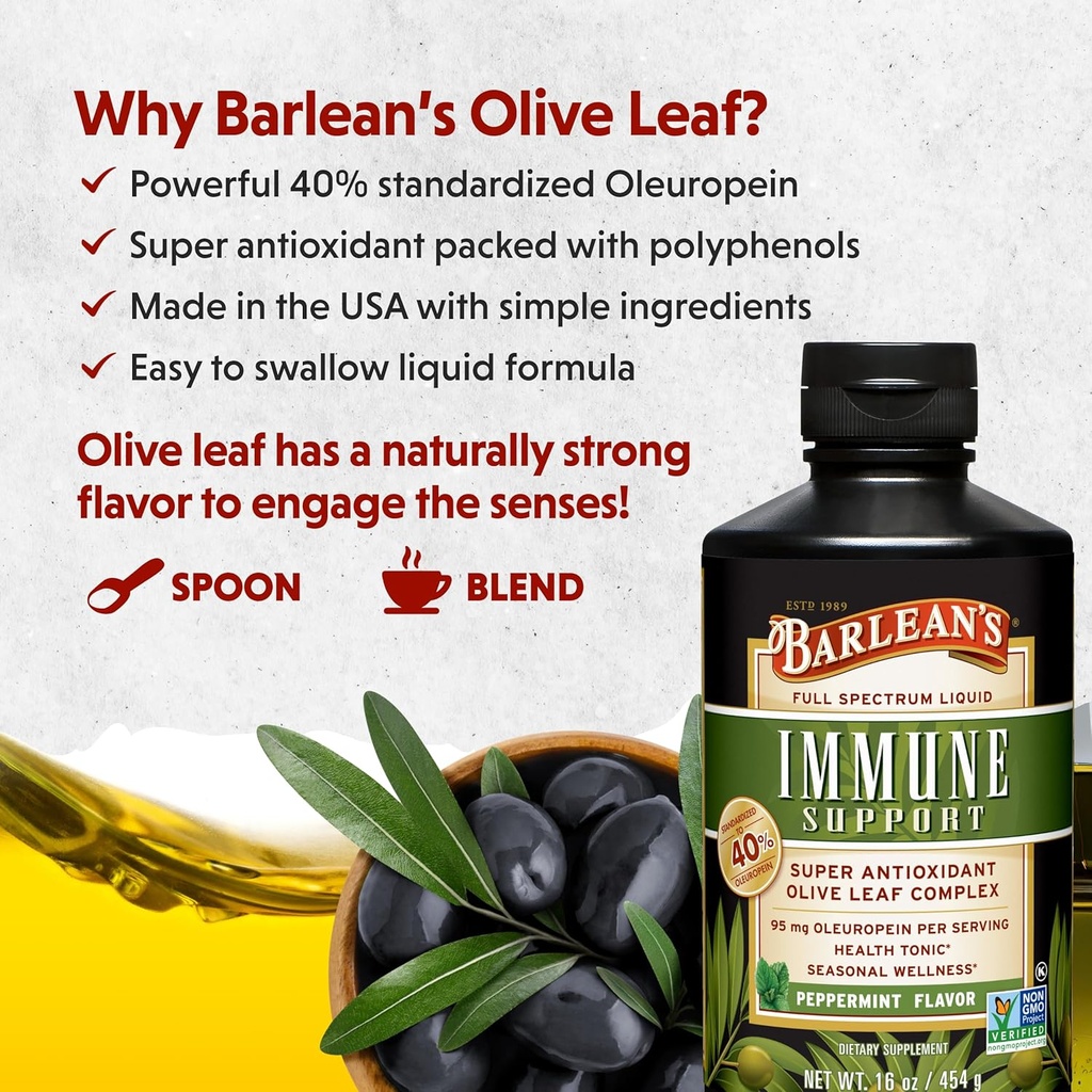 Barlean's Peppermint Olive Leaf Complex Liquid Immune Support Supplement, 95mg Oleuropein Antioxidants, 16 oz 4
