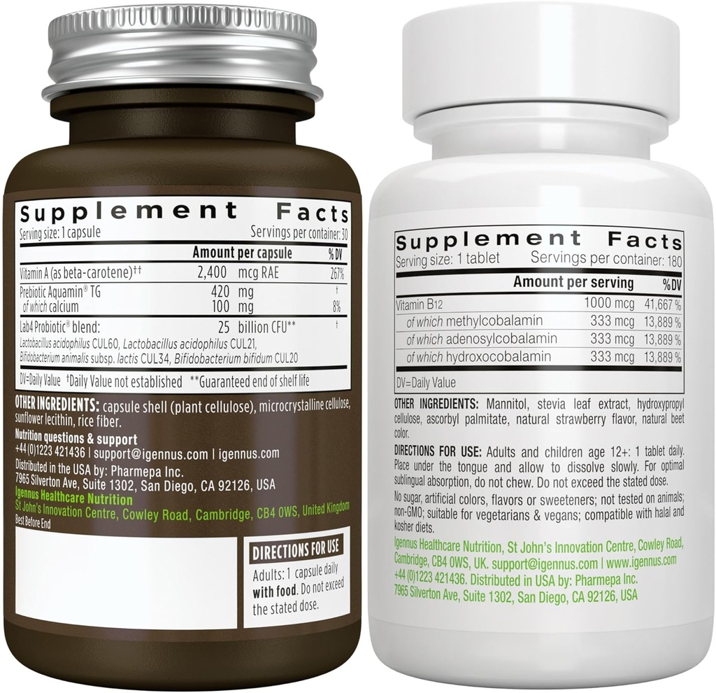 Live Cultures+ Lab4 Probiotics + Super B12-Complex, Vegan Bundle, 25 Billion CFU Lactobacillus Acidophilus and Bifidobacterium + High Absorption Sublingual B12, by Igennus 6