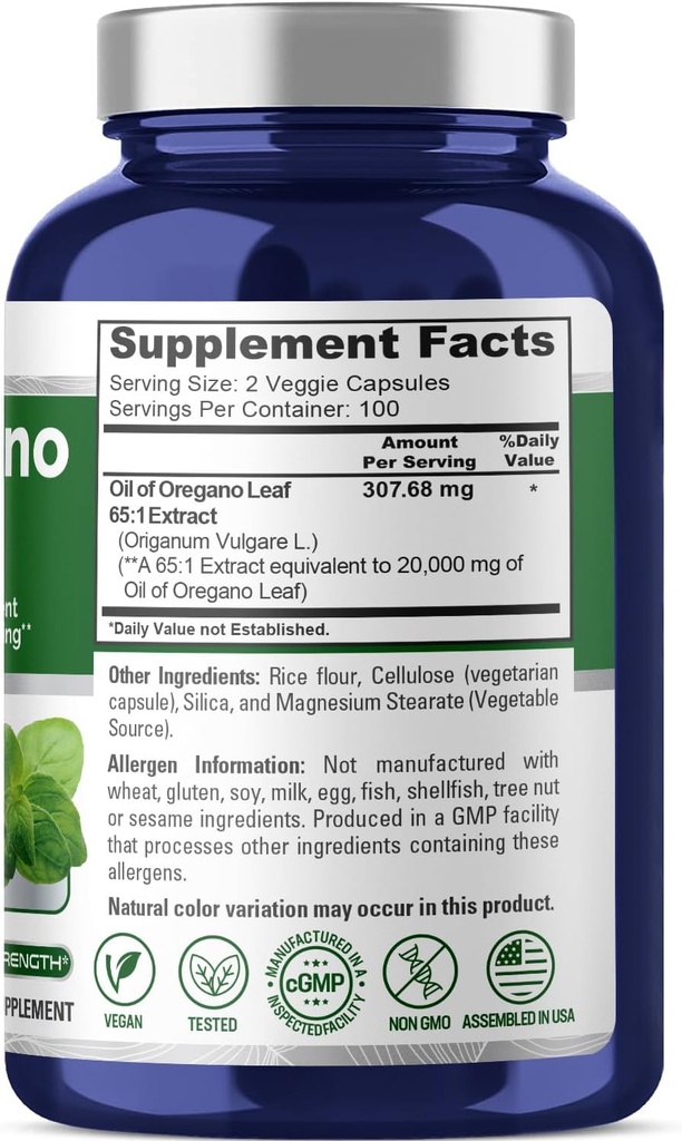 NusaPure Oregano Oil Extract 20000mg | 200 Veggie Powder Capsules | Naturally Occurring Carvacrol | Non-GMO and Extract 65:1 3