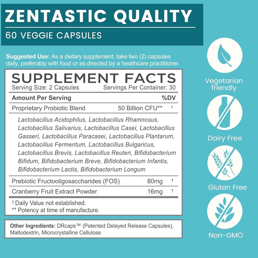 Zentastic Probiotics & Prebiotics Supplement - 50 Billion CFU - for Men & Women’s Immune & Digestive Health - 16 Strains - Shelf Stable - 300 Delayed Release Veggie Capsules 3